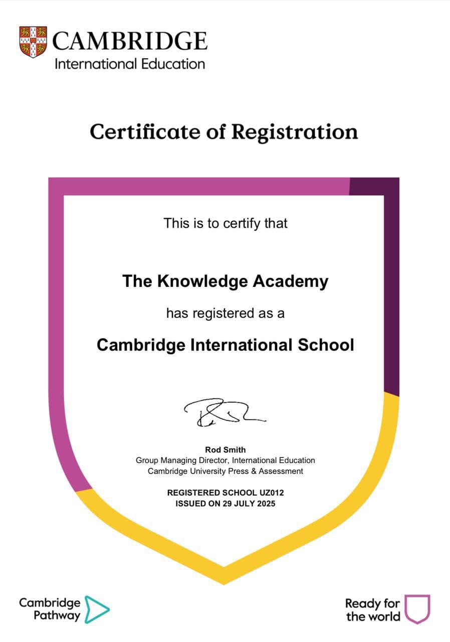 Maktabning Cambridge International Education akkreditatsiya guvohnomasi